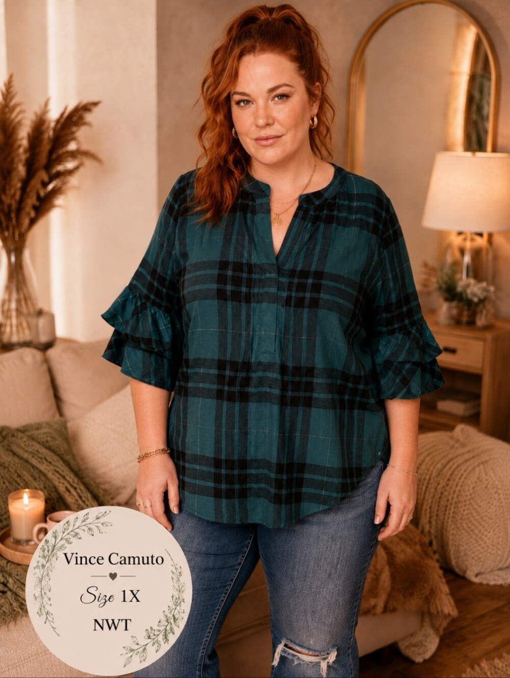 Vince Camuto NWT Plaid Ruffle-Sleeve Henley Blouse | Size 1X